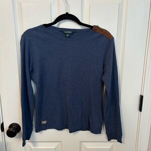 Lauren Ralph Lauren Blue Long Sleeve Top Leather Shoulder Patch